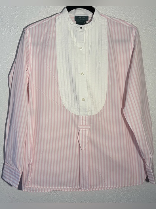 Lauren Ralph Lauren Tops - Lauren Ralph Lauren Women’s Tuxedo Striped Band Collar Pink & White Shirt Size M